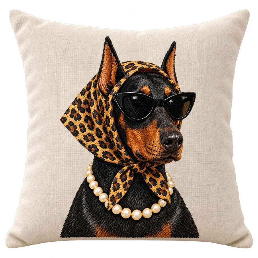 The Embroidered Pillow with a doberman in a leopard headscarf, cat-eye sunglasses and pearls, stitched in full color