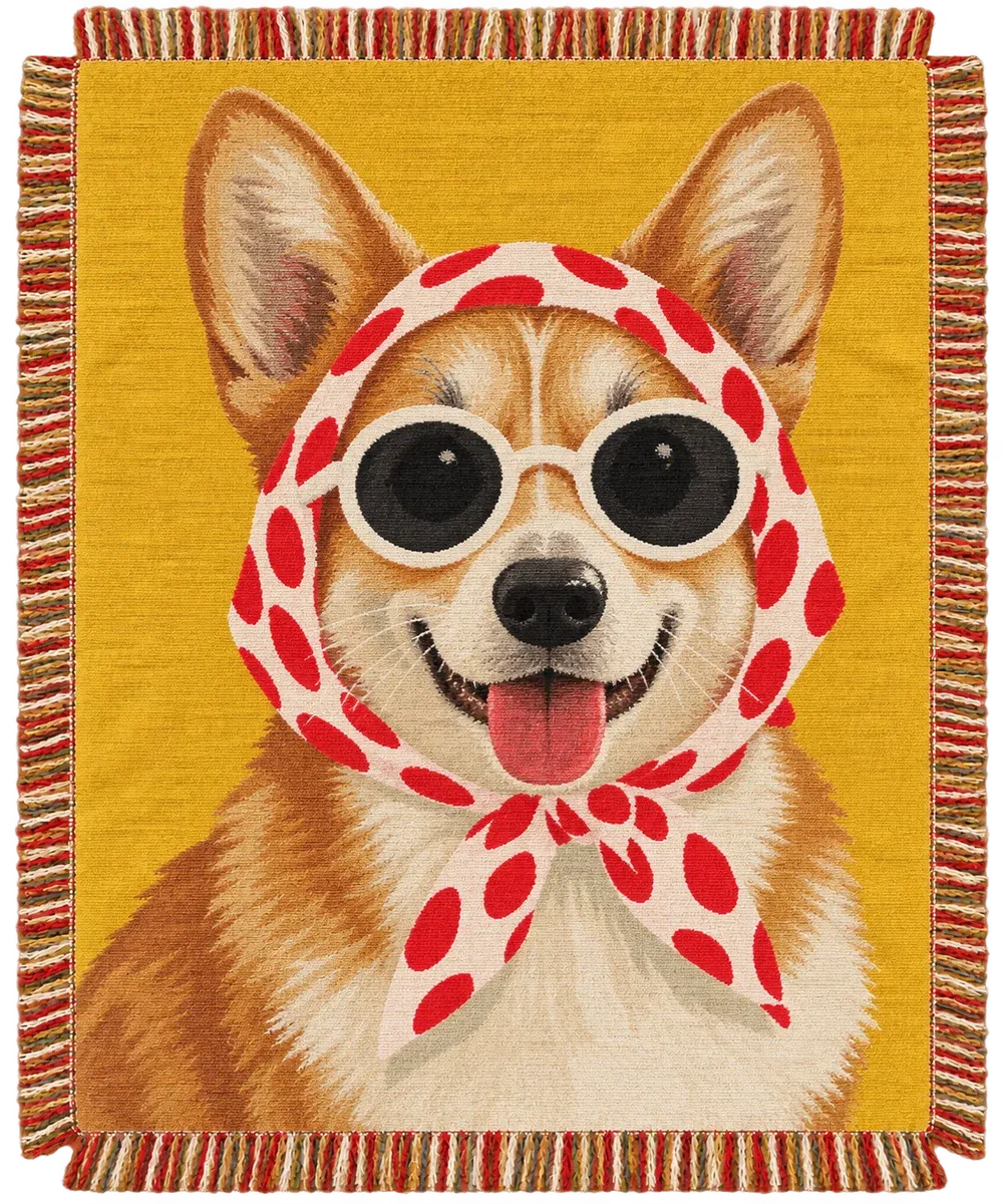 The Pop Portrait style: a corgi in a polka-dot headscarf and white sunglasses on mustard, woven