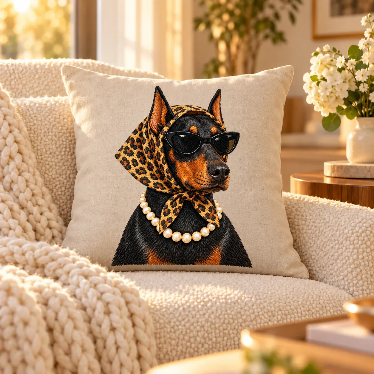 An embroidered linen pillow of a doberman in a leopard-print headscarf, black cat-eye sunglasses and pearls, on a cream boucle chair in a sunny living room