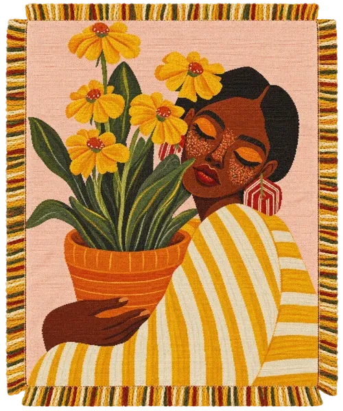 The Yellow Flowers throw. Gouache stripes, a terracotta pot and a face full of sun.