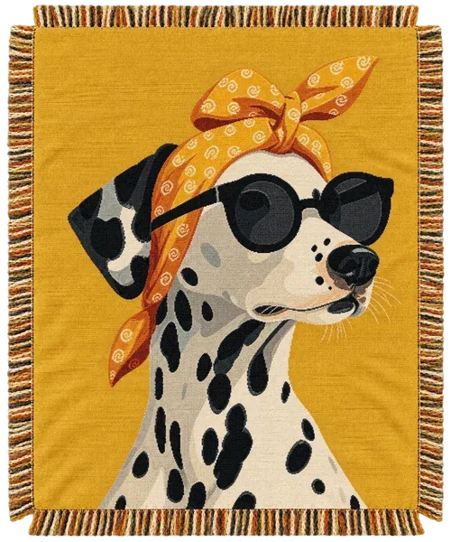 The Pepper throw. A dalmatian in a paisley headscarf and black shades, on mustard.