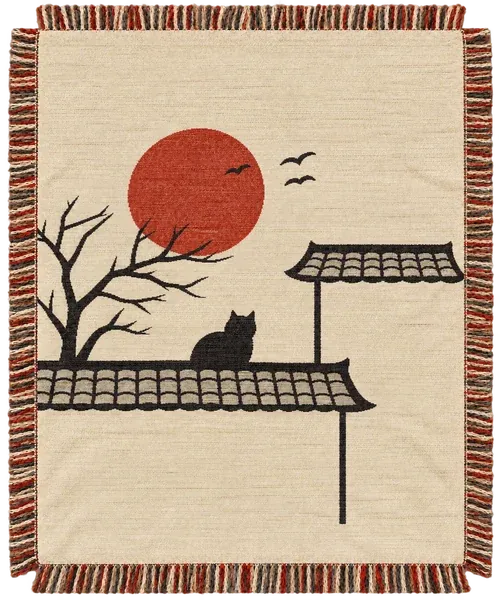 The Rooftop Cat throw. A small black cat on a tiled roof, a bare branch and a red sun.